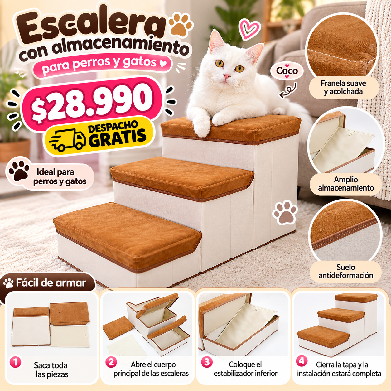 Mueble escalera para mascotas con almacenamiento