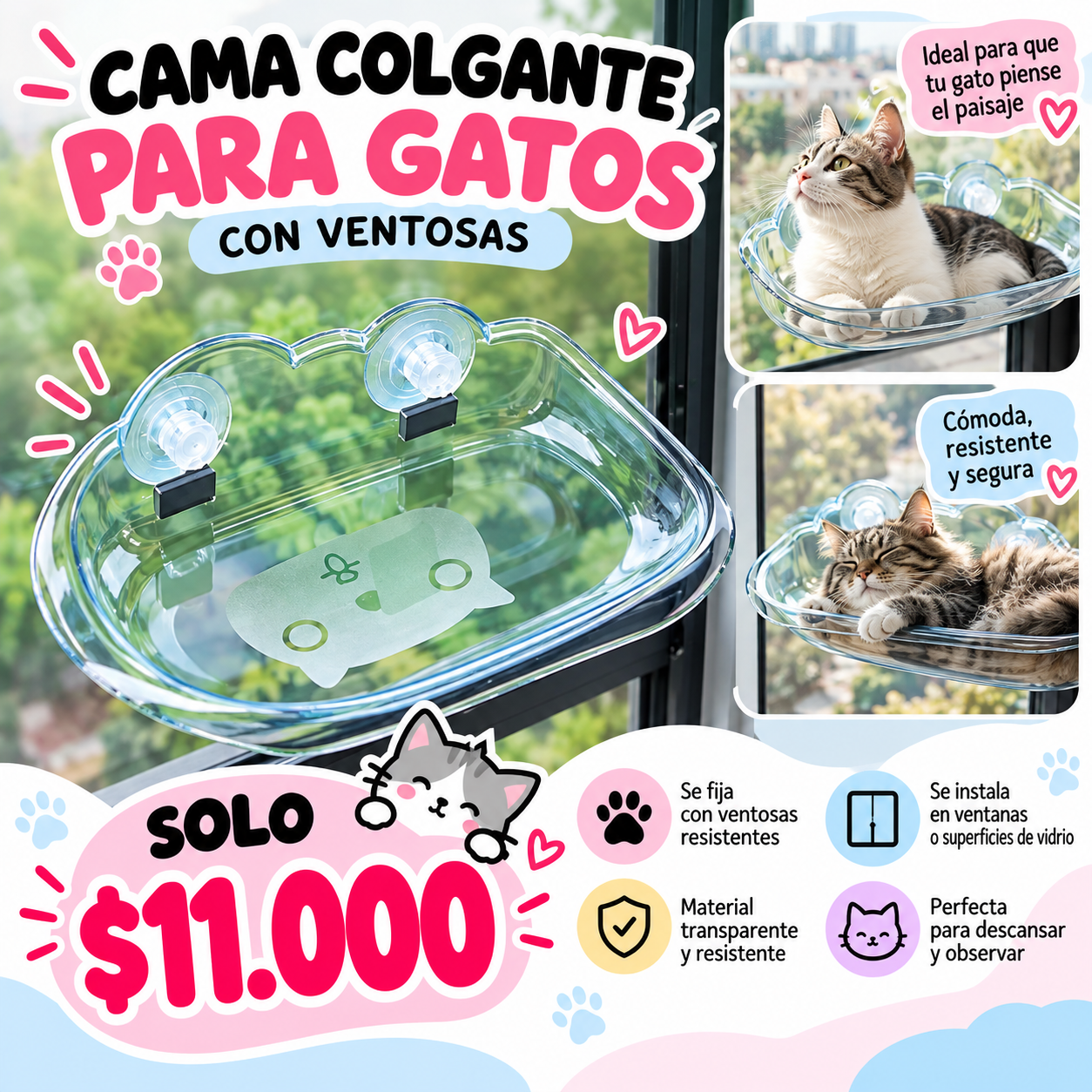 Cama colgante para gatos con ventosas