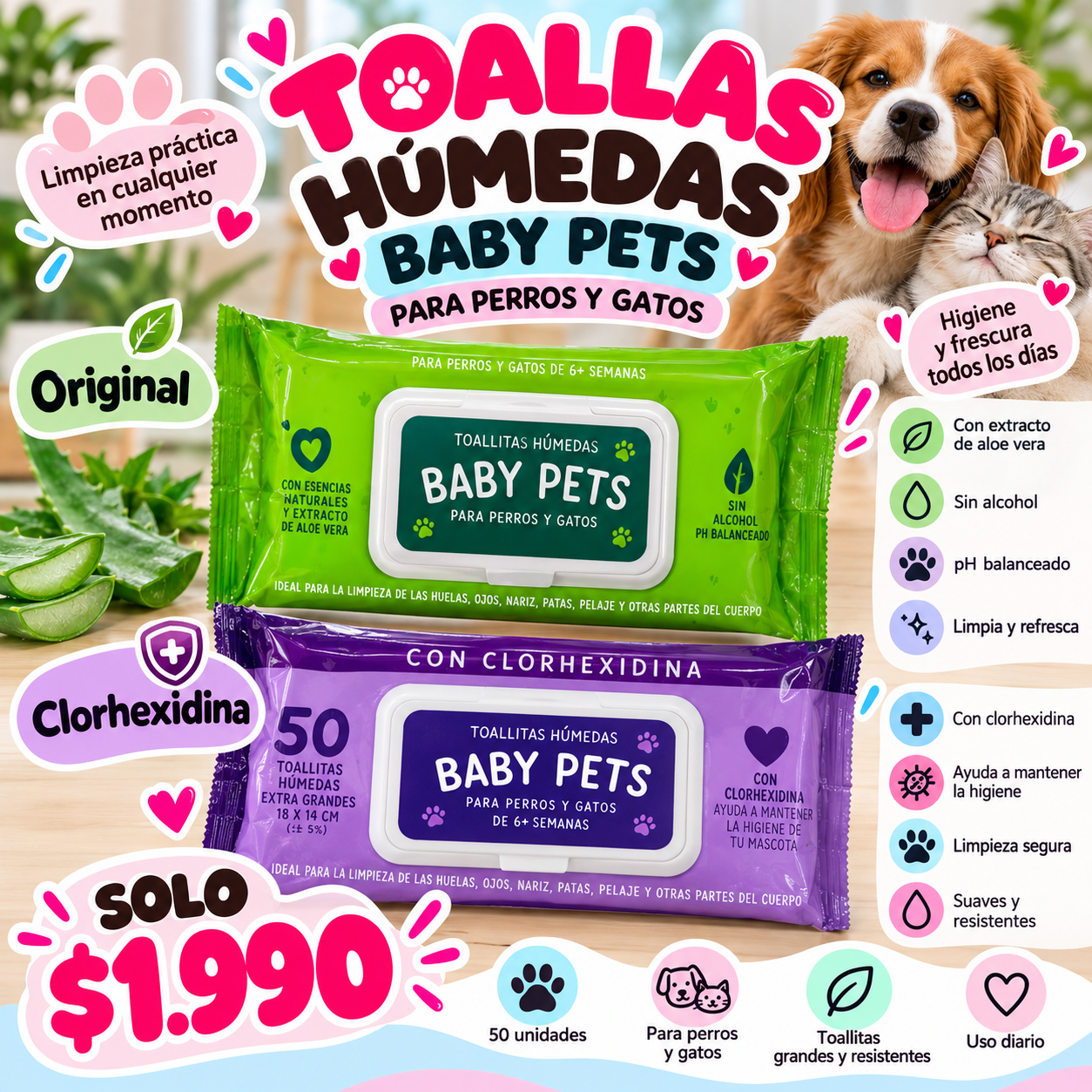 Baby Pets Toallitas Húmedas para perros y gatos