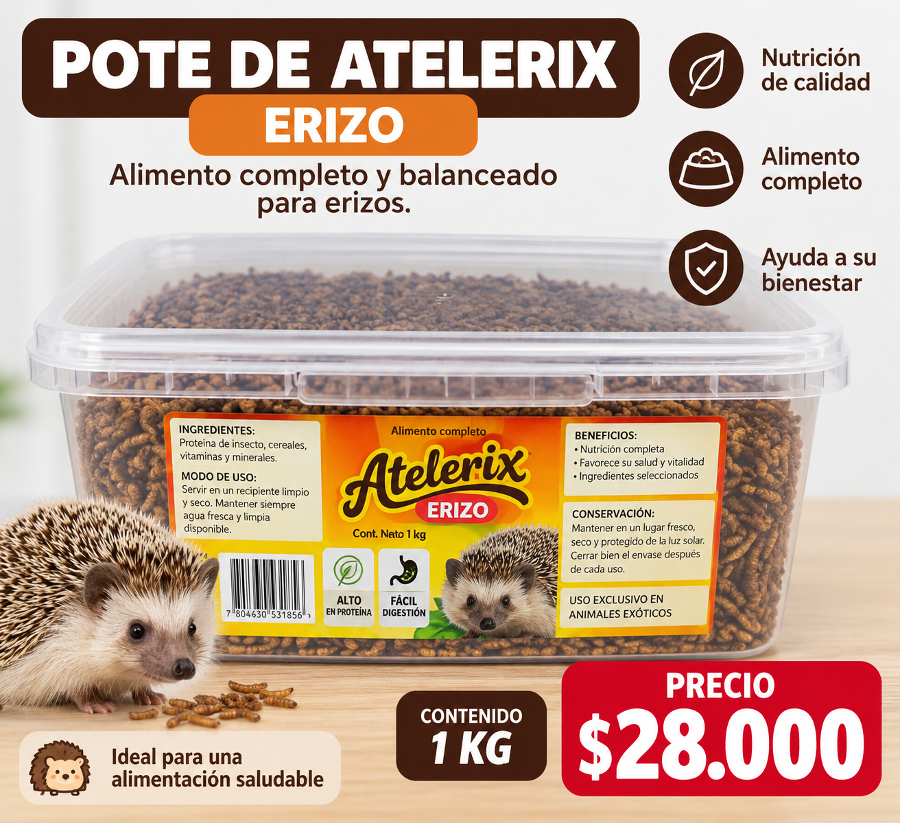 Pote de alimento Atelerix para erizo – 1 kg