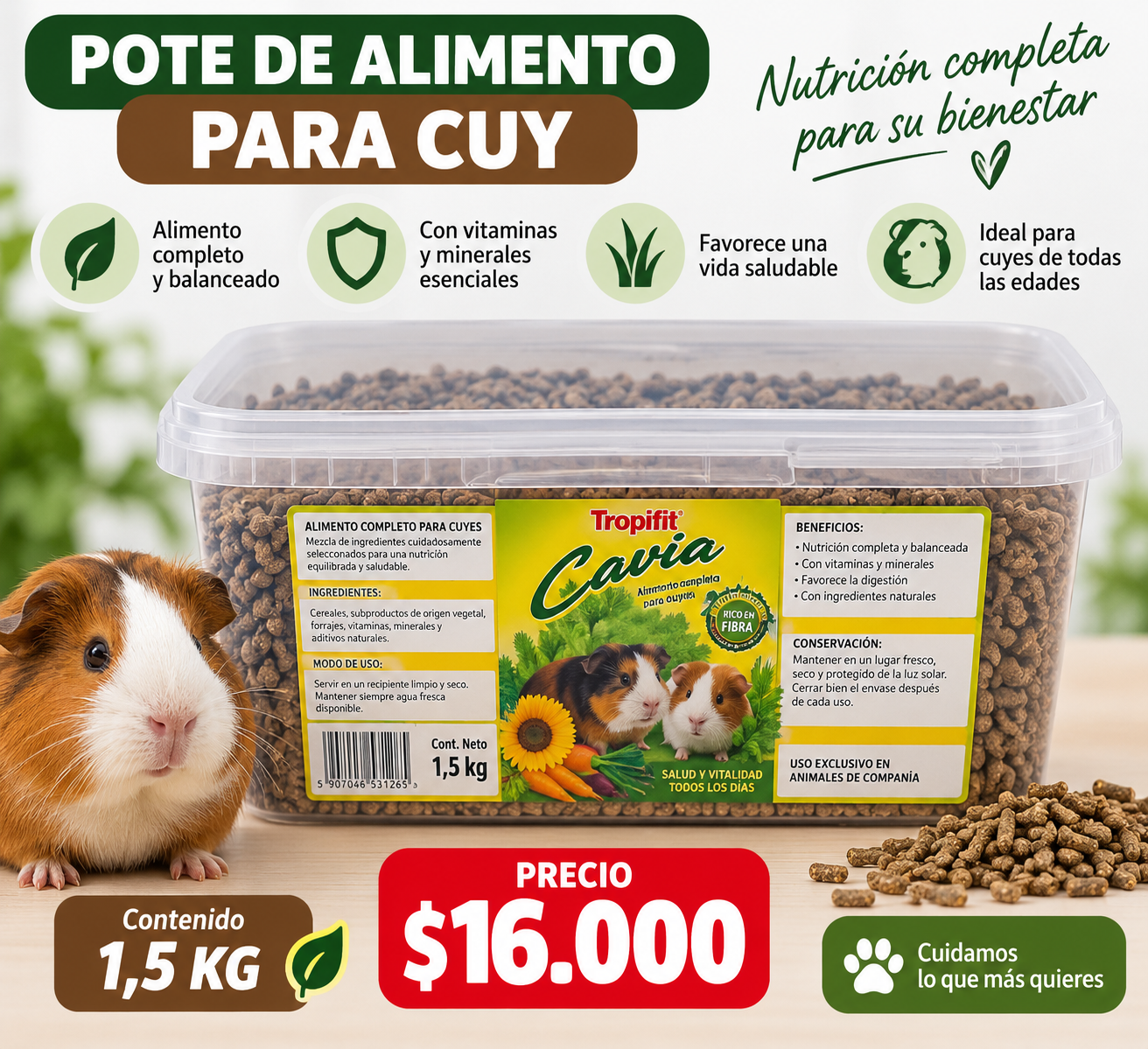 Pote de alimento Tropifit Cavia para cuy – 1,5 kg