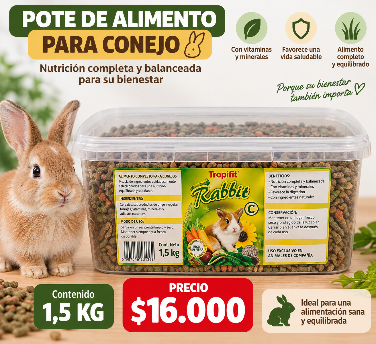 Pote de alimento Tropifit Rabbit para conejo – 1,5 kg