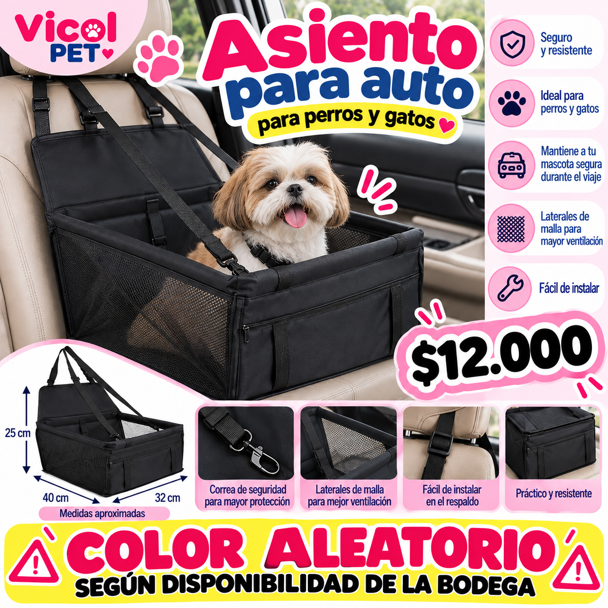 Asiento para auto para perros y gatos