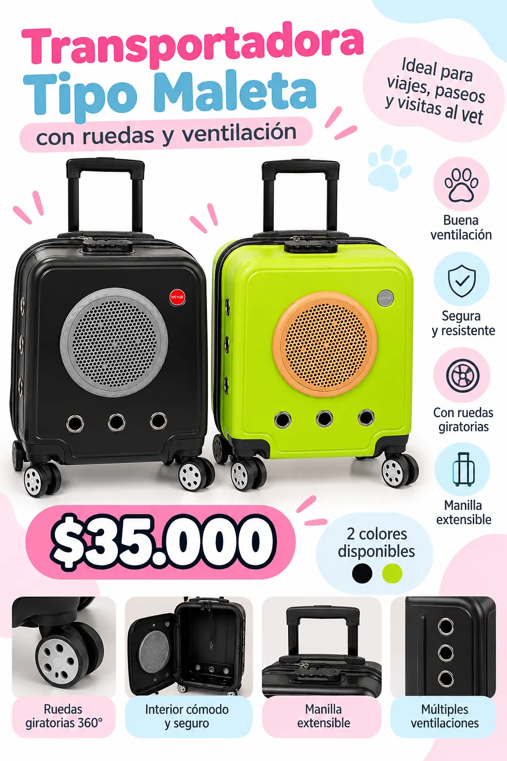 Transportadora tipo maleta con ruedas y ventilación