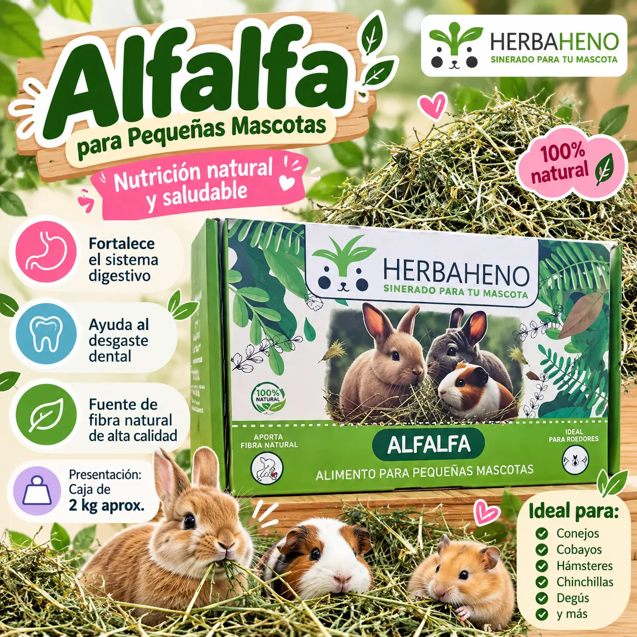 Herbaheno alfalfa para pequeñas mascotas 2 kg aprox.