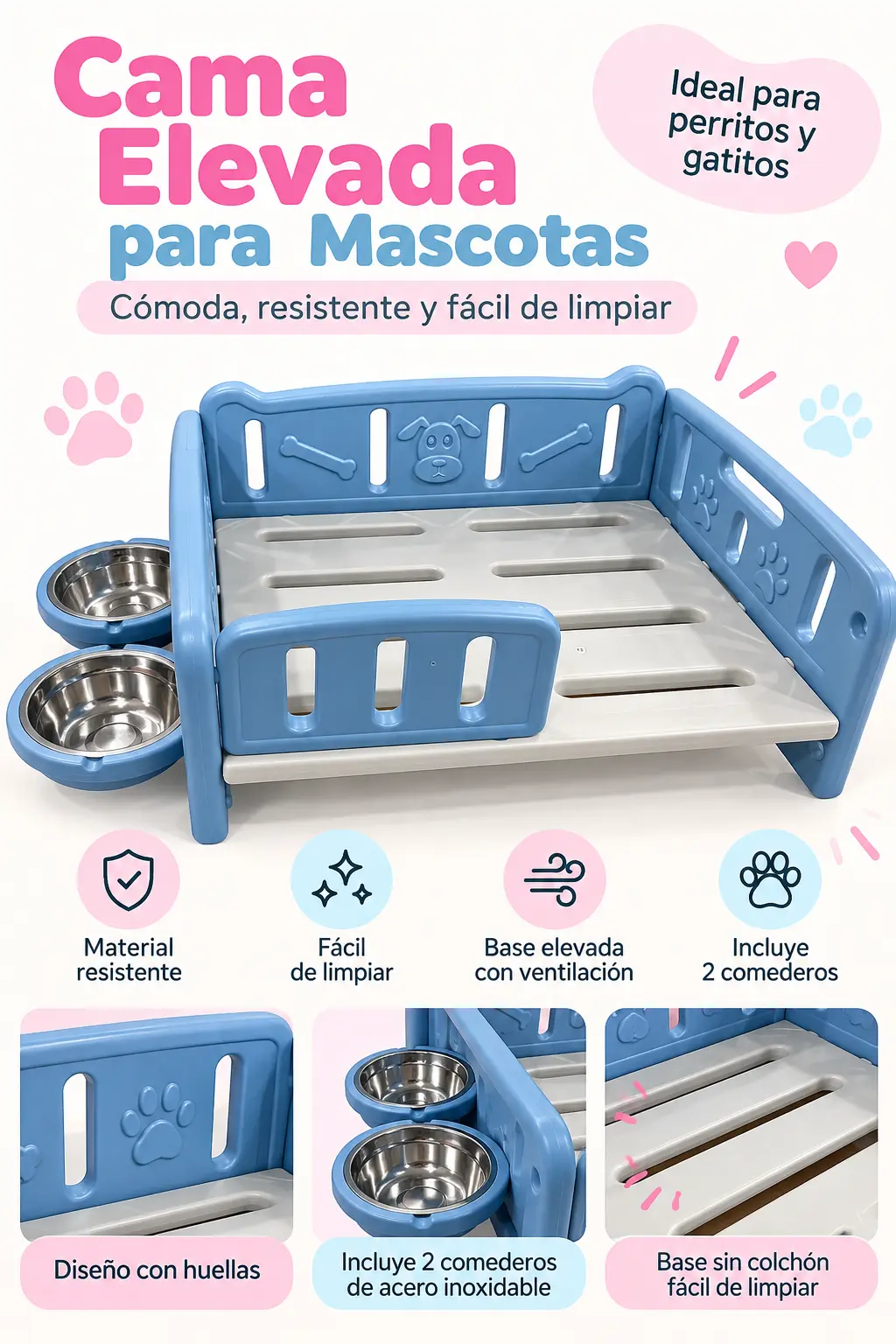 Cama para mascotas con 2 platos