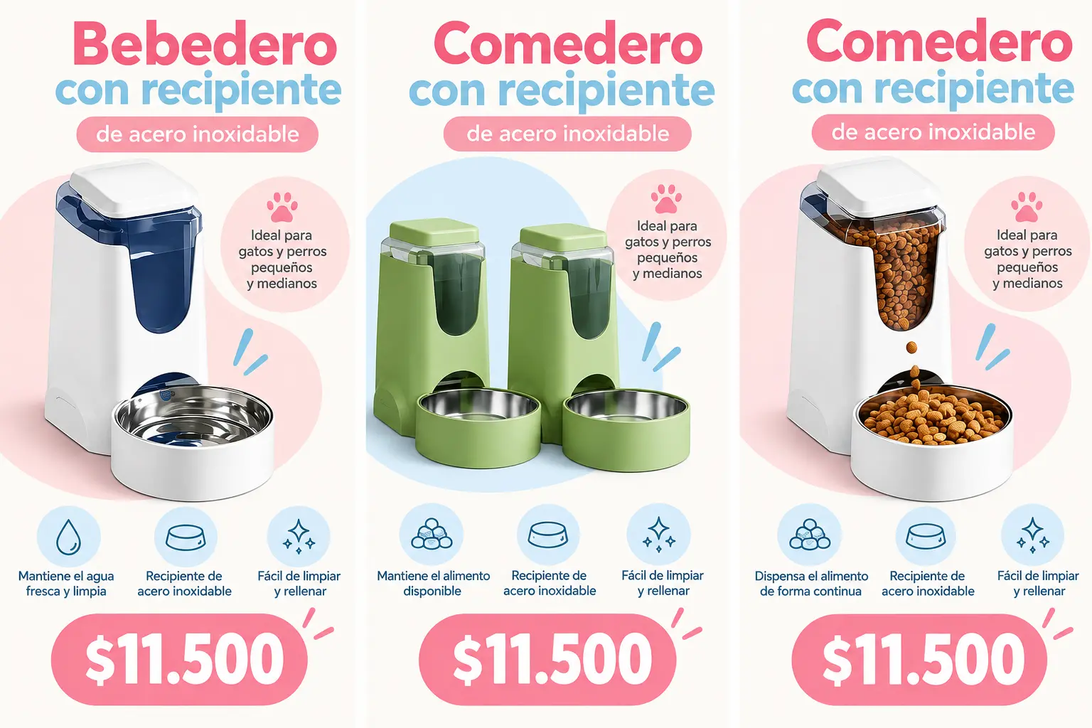 Bebedero o comedero con recipiente de acero inoxidable