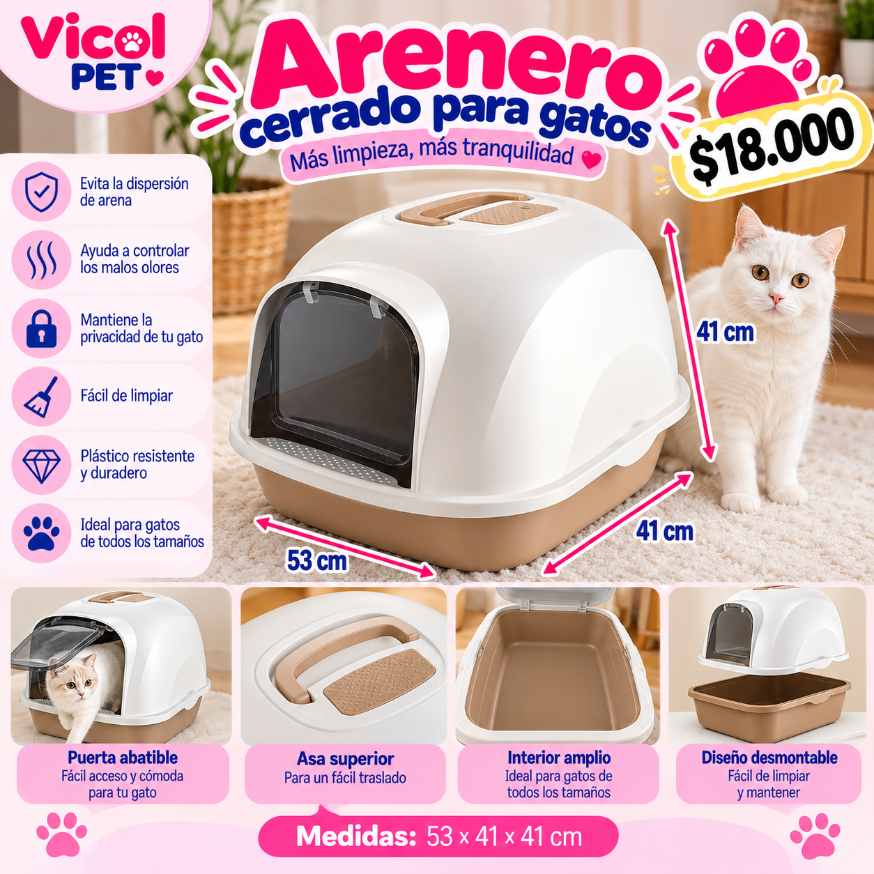 Arenero cerrado para gatos 53 × 41 × 41 cm