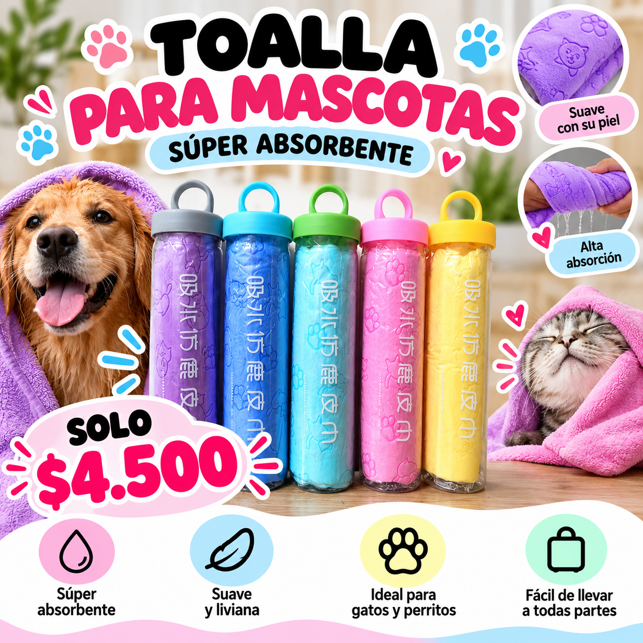 Toalla para mascotas súper absorbente