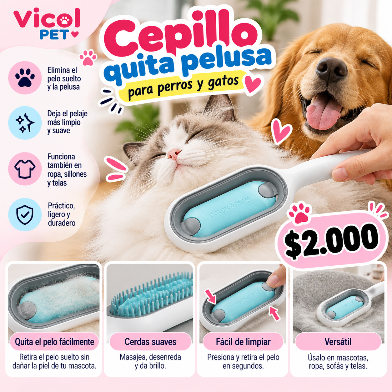 Cepillo quita pelusa para perros y gatos